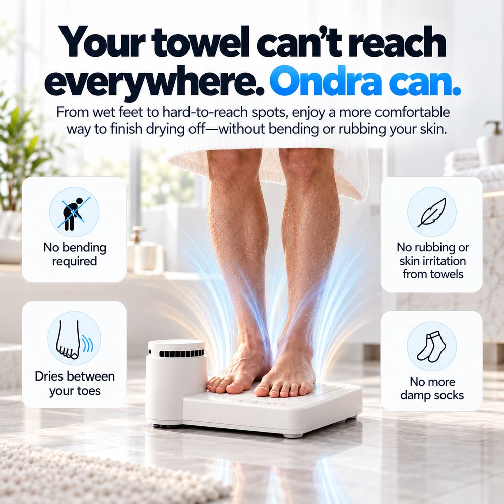 Ondra dries between your toes with no bending or towel rubbing